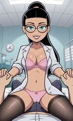 ai_generated ass athletic athletic_female bigmic145 black_hair bra breasts bust busty cleavage cowgirl_position curvy curvy_body curvy_female curvy_figure danny_phantom doctor eyelashes female fit fit_female glasses hips hourglass_figure implied_sex lab_coat labcoat long_hair nickelodeon panties paulina_sanchez ponytail sexually_suggestive teal_eyes tease teasing thick_thighs thigh_highs thighhighs thighs voluptuous waist