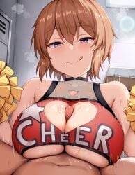 1boy 1girls :d absurd_res breasts brown_hair character_request cheerleader cheerleader_uniform cleavage copyright_request female female_focus hi_res indoors light_skin locker_room paizuri paizuri_on_lap paizuri_under_clothes penis pom_poms purple_eyes renetan short_hair tongue tongue_out uncensored