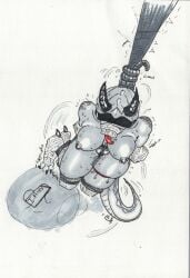 2025 absurd_res ankles_tied anthro asphyxiation blindfold bodily_fluids bondage bondage bound breath_play crotch_rope dildo drop execution female gag hands_tied_behind_back hanged hcrimsonknight hi_res high-angle_view humiliation kobold legs_together muzzle_(object) muzzled nipple_piercing nipples noose nooseplay onomatopoeia piercing rope rope_around_neck scalie sex_toy signature solo sound_effects squish strangling sweat tail tail_motion text thief thigh_squish tongue tongue_out traditional_media_(artwork)