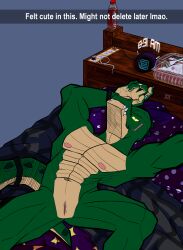 abs absurd_res alligator alligatorid animal_genitalia anthro asdfgh01 bed cake charger clock crocodilian cutlery dessert food fork furniture genital_slit genitals green_body hi_res kitchen_utensils lying male muscular nipples on_back reptile scalie soda_bottle solo teeth tools