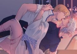 2boys after_anal after_sex blonde_hair blush bodily_fluids bottomless cum feige's_violent_words gay gintama gintoki_sakata head_back kimono kintoki_sakata leg_lift licking looking_at_viewer male male_only no_visible_genitalia profile rope_marks side_view tongue_out white_hair yaoi