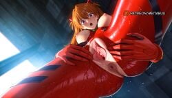 :o ai_generated anus ass ass_visible_through_thighs blue_eyes blush bodysuit breasts breasts_apart clitoris cowboy_shot female from_below large_breasts long_hair looking_at_viewer looking_down mecha_pilot_suit meitabuu neon_genesis_evangelion nipples open_mouth orange_hair plugsuit_(evangelion) presenting pussy pussy_juice red_bodysuit solo souryuu_asuka_langley spread_pussy sweat thighs uncensored urethra wet