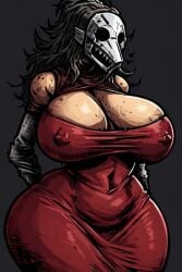 ai_generated big_ass big_breasts black_hair curvy dress female female_only gloves hidden_face huge_breasts mask milf perky_nipples red_clothing simple_background teron_games thigh_clothes white_skin