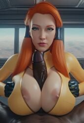 1boy 1girls 3d ai_generated big_breasts big_penis bodysuit crystalia_amaquelin dark-skinned_male exposed_breasts exposed_nipples generalbutch_(style) green_eyes hair_tubes hands_on_breasts huge_breasts huge_cock indoors light-skinned_female long_hair looking_at_viewer male_pov marvel marvel_comics orange_hair paizuri pov ripped_bodysuit ripped_clothing sodaglow_artist titjob