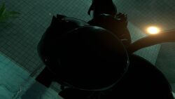 3d anthro beast_bendy_(cryptiacurves) beast_darling_(cally3d) beast_darling_(dreams_come_true) belly bendy bendy_and_the_ink_machine bendy_fem bendy_the_dancing_demon big_butt big_teeth black_body black_fur black_skin from_behind sloppydragons squatting tagme tail vrchat