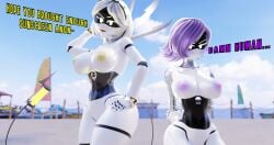 2girls 3d absurdres annoyed anon arms_behind_back big_breasts blender blush claws disassembly_drone embarrased female female_only hands_behind_head hands_on_hips highres humanoid looking_at_viewer murder_drones naked nipples non-web_source pov purple_eyes purple_hair purple_nipples raise_eyebrow serial_designation_v smile tail uzi_doorman white_hair wide_hips worker_drone yellow_eyes yellow_nipples