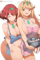 2girls ^_^ alternate_costume apron blonde_hair blue_apron bowl breasts brown_eyes chest_jewel cleavage closed_eyes closed_mouth frilled_apron frills grabbing_another's_ass groping headphones highres holding holding_bowl large_breasts long_hair multiple_girls mythra naked_apron patreon_logo patreon_username pink_apron pyra red_hair short_hair simple_background smile thighs white_background xenoblade_chronicles_(series) xenoblade_chronicles_2 yuri zelc-face