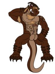 abs absurd_res alpha_channel anthro brown_body brown_fluff brown_fur brown_hair brown_scales dragon erection fluffy fur genitals hair hi_res horn humanoid_genitalia humanoid_penis male male_only muscular penis reptile scales scalie scorch_croco-derg solo teeth thescorchingdragon