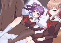 1boy 2girls aoko_1021 awkward_smile blush brown_dress clothed_female_nude_male clothed_sex cuckquean dark-skinned_male female grabbing_another's_arm green_eyes hairclip hasu_no_sora_school_uniform head_on_pillow heart-shaped_pupils hinoshita_kaho link!_like!_love_live! looking_at_another love_live! male netorare nude on_back on_bed open_mouth orange_hair otomune_kozue pillow purple_hair red_neckerchief school_uniform sex side_ponytail watching white_sailor_collar
