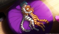 blue_hair cat_ears cat_girl cat_humanoid cat_tail circle_bed couple cuddling flora_(twokinds) furry happy honeymoon_hug hug keidran light_brown_hair lying_on_bed nude small_breasts smile tiger_girl tiger_humanoid tom_fischbach trace_legacy twokinds wholesome