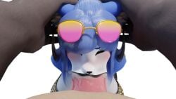 3d 3d_model 3d_render big_breasts blank_background blowjob blowjob_face breasts clothing cum cum_in_mouth earrings eye_contact eyes_rolling_back eyeshadow female forced_deepthroat fox furry game_cg green_eyes hands_on_head huge_cock jewelry krystal krystal_(dogzeela) looking_at_viewer male_penetrating oral orgasm pink_penis pov reach06 star_fox sucking_penis sunglasses_on_head