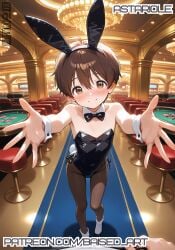 1boy ai_generated astariole baised brown_eyes brown_hair bunny_boy bunny_ears casino cute_boy femboy male messy_hair playboy_bunny pov reaching_towards_viewer short_hair skinny small_bulge