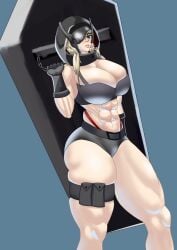 abs armor armour barthone big_ass big_breasts blonde_hair blue_eyes gloves goddess_of_victory:_nikke grave_(nikke) high_waisted_thong hood huge_ass huge_breasts large_ass large_breasts muscular_female muscular_thighs short_shorts thick_ass thick_thighs thigh_strap thong