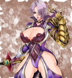 1041_(toshikazu) alluring big_breasts choker cleavage female female_focus green_eyes hair_over_one_eye isabella_valentine lace project_soul purple_hair revealing_clothes short_hair soul_calibur soul_calibur_ii soul_calibur_iii soul_calibur_v soul_calibur_vi stockings sword thighs weapon whip_sword