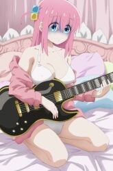 1girls absurdres bangs bed bikini blue_eyes blush bocchi_the_rock! breasts censored clavicle cleavage closed_mouth clothing collarbone cube_hair_ornament electric_guitar female gibson_les_paul gotou_hitori guitar hair_between_eyes hair_ornament hair_over_eyes highres holding holding_instrument indoors instrument jacket keihh kneeling large_breasts long_hair long_sleeves looking_at_viewer medium_breasts mosaic_censoring naked_jacket nipples on_bed one_side_up open_clothes open_jacket pantsu pillow pink_hair pink_jacket pink_track_suit seiza shaded_face sitting skirt solo swimsuit thighs track_jacket turn_pale underwear white_bikini white_underwear