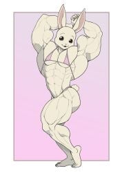 abs anthro beastars biceps big_muscles bikini bikini_bottom breasts clothing domestic_rabbit dwarf_rabbit female fur hands_behind_head haru_(beastars) huge_muscles lagomorph leporid mammal muscular muscular_anthro muscular_arms muscular_female muscular_legs muscular_thighs navel oryctolagus pecs pokkuti pose rabbit small_breasts solo string_bikini swimwear two-piece_swimsuit white_body white_fur