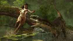 1girls 3d breasts brown_hair completely_nude completely_nude_female dinosaur jayyboww jungle jungle_girl long_hair naked_female nipples nude_female river sonja_the_jungle_girl spear tribal