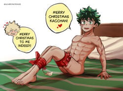 abs almirondraws bakugou_katsuki bed blonde_hair boku_no_hero_academia christmas completely_nude feet freckles gift green_hair izuku_midoriya katsuki_bakugou lgs male midoriya_izuku my_hero_academia naked nude on_bed pectorals pillow present scar seducing_viewer siting yaoi