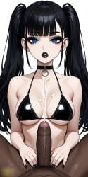ai_art ai_generated bangs black_eyeshadow black_hair black_penis blue_eyes dark-skinned_male dark_penis dark_penis_tip ejaculation feeling_pleasured female foreskin goth goth_girl gothic imminent_fellatio imminent_oral latex_bikini medium_breasts pale-skinned_female penis semen semen_on_chest uncircumcised uncircumcised_penis
