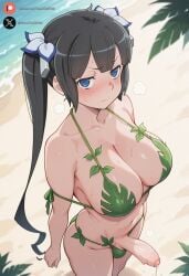 1futa ai_generated balls beach big_breasts big_penis bikini black_hair blue_eyes blush cock dickgirl dungeon_ni_deai_wo_motomeru_no_wa_machigatteiru_darou_ka futa_only futanari hestia_(danmachi) huge_cock light-skinned_futanari light_skin long_hair looking_at_viewer outdoors penis precum roxygtf solo sweat sweating sweaty_body