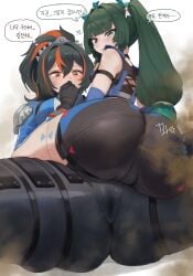 2girls anus ass ass_grab big_ass big_butt blush butt_crack butt_grab fart fart_cloud fart_fetish farting female green_hair hoyoverse looking_back mihoyo police police_uniform pussy qingyi_(zenless_zone_zero) robot robot_girl robot_humanoid shorts somang vagina visible_pussy yuri zenless_zone_zero zhu_yuan