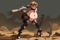 barcode barcode_on_breast barcode_tattoo breasts cape corinna21210534 female goggles large_breasts longyan nipples nipples_linked_to_another nipples_touching orange_hair pierced_nipples ripped_clothing shackles short_hair shorts shovel tights topless
