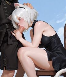 ai_generated android bare_shoulders black_clothing blowjob cat_ears cat_tail chair clothed dress fellatio from_side hairband hand_on_head handjob medium_breasts nier:_automata nier_(series) penis penis_in_mouth plopendil short_hair sitting sitting_on_chair sleeveless standing straight white_hair yorha_2b yorha_9s