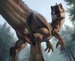 ai ai_generated animal_genitalia anus ass bing_image_creator butt_focus claws dinosaur feral feral_only forest genital_slit genitals looking_back male penile_spines penis plant realistic scales slit solo stable_diffusion theropod tree