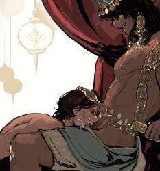 2boys black_hair blowjob blowjob_face brown_hair chains clothed clothed_sex clothing crown cum cum_in_mouth cum_in_throat cum_inside cumming cumshot dress earring earrings gay gay_blowjob gay_male gay_sex gold_jewelry inflation jewelry long_hair male male_focus male_only mouth mouth_fuck mouth_shot muscles muscular muscular_arms muscular_legs muscular_male nipple_piercing nipples oral oral_sex penis penis_in_mouth penis_in_throat pierced_nipples piercing piercings pleasure pleasure_face pleasured pleasured_face protagonist(sultan's_game) questionable_consent rough_anal rough_oral rough_sex short_hair smile smiley_face smiling smiling_at_partner sucking sucking_penis sultan sultan's_game the_sultan throat throat_fuck