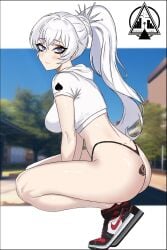blacked bnwo g_string half_naked public qos_tattoo rwby rwby_ice_queendom shoes shoes_on thong weiss_schnee white_background white_hair