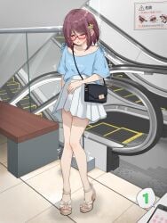 arm_at_side artist_name bag bench blue_shirt blush cellphone clothes_writing collarbone commentary_request embarrassed escalator female flat_chest full_body glasses handbag heel_up highres indoors kakuremino7928 knees_together_feet_apart large_variant_set legs looking_to_the_side miniskirt nail_polish one_eye_closed open_mouth orange_eyes original phone pink_nails pleated_skirt public_indecency public_vibrator purple_hair raised_eyebrows red-framed_eyewear remote_control_vibrator revision sandals semi-rimless_eyewear sex_toy shirt shirt_tucked_in short_hair short_sleeves shoulder_bag sidelocks sign signature skirt smartphone solo speech_bubble stairs standing sweat thighs tile_floor tiles toenail_polish toenails translated trembling twitter_username variant_set vibrator vibrator_under_clothes white_sandals white_skirt wince