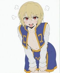 1boy ai_assisted areola_slip bangs blonde_hair blue_skirt blush breasts collarbone cowboy_shot feminine_male hair_between_eyes hunter_x_hunter kurapika leaning_forward long_sleeves looking_at_viewer male male_focus navel open_clothes open_mouth open_shirt otoko_no_ko red_eyes shirt short_hair simple_background skirt skirt_tug solo sondu sweat teeth tongue tongue_out trap twink v-shaped_eyebrows vest white_background white_shirt