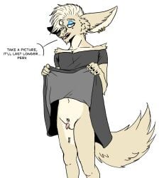 annoyed anthro blue_eyeshadow bottomwear canid canine clothed clothing clothing_lift dialogue dress dress_lift ear_piercing ear_ring english_text eunuch eyeshadow feef feefs fennec_fox fox fur genital_scar genitals hi_res makeup male mammal micropenis nonbinary_(lore) null_symbol orchiectomy_scar penis piercing ring_piercing scar simple_background skirt skirt_lift small_penis solo speech_bubble standing talking_to_viewer tan_body tan_fur text true_fox unimpressed white_background