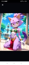 2d 2d_(artwork) 2d_artwork ai_art ai_generated amber_eyes bare_arms bare_legs bare_midriff bare_shoulders bare_thighs barefoot belly_button bikini bikini_top blaze_the_cat blue_sky blush blush blush_lines bra bracelet brassiere cat_ears cat_girl cat_humanoid cat_tail catgirl cleavage cloud clouds cloudy_sky collar crossover crossover_cosplay ear ears_up elryusam eyelashes flower flowers flowers_in_background gem gem_on_forehead gemstone gloves gold_(metal) gold_bracelets gold_brassiere gold_collar gold_jewelry golden_bracelets golden_brassiere golden_collar green_bikini green_bikini_top green_bra hair_tie hair_tied hair_up inner_sideboob loincloth metal_collar midriff mobian mobian_(species) mobian_cat navel pillar purple_fur purple_hair purple_tail red_gem red_gemstone red_hair_tie red_loincloth shadow slave slave_bikini slave_collar slave_leia slave_leia_(cosplay) slave_outfit slavegirl sonic_(series) sonic_rush sonic_rush_adventure sonic_the_hedgehog_(series) star_wars tail thick_thighs tied_hair tree trees water_fountain white_belly white_glove white_gloves