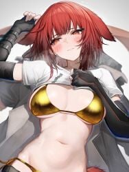 2025 arknights averting_eyes bikini black_gloves black_hair blush breasts closed_mouth clothes_lift coat crownslayer_(arknights) elbow_gloves embarrassed female fingerless_gloves gloves gold_bikini gradient_hair grey_coat groin heavy_breathing hi_res hyena_ears hyena_girl hyena_tail large_breasts lifting_own_clothes long_hair lying multicolored_hair navel on_back red_eyes red_hair shiny_clothes shiny_skin shirt shirt_lift short_sleeves slit_pupils solo stomach swimsuit tab_head unworn_coat white_shirt