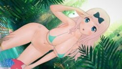 1girls 3d arm_up armpits beach_ball big_breasts bikini blue_eyes busty cleavage female female_only fujiwara_chika green_bikini hi_res kaguya-sama_wa_kokurasetai_~tensai-tachi_no_renai_zunousen~ large_breasts legs long_hair looking_at_viewer navel pink_hair pose posing sensual sexy solo thighs thong_bikini voluptuous water wet
