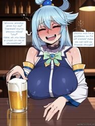 11_22 ^_^ ai_generated aqua_(konosuba) bar beer big_breasts blush closed_eyes comic covered_nipples detached_sleeves dialogue drunk embarrassed huge_breasts kono_subarashii_sekai_ni_shukufuku_wo! large_breasts nervous_smile open_mouth sleeveless_dress speech_bubble sweat text