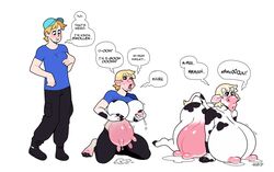 1boy 1girls 3koma anthro baseball_cap big_udders blackshirtboy blonde_hair breast_expansion breasts cow_ears cow_girl cow_horns cow_tail cow_transformation female gender_transformation hair_color_change hair_growth huge_ass huge_breasts huge_udders human human_to_anthro hyper_breasts hyper_udders lactation male_to_female mental_transformation mtf_transformation original_character platinum_blonde_hair speech_bubble t-shirt text thigh_expansion transformation udder_growth udders