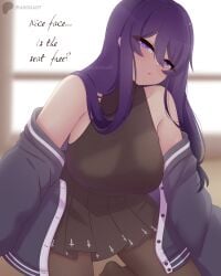 1girls big_breasts breasts doki_doki_literature_club female leggings long_hair long_sleeves on_the_floor purple_eyes purple_hair raionart sweater thick thick_thighs yuri_(doki_doki_literature_club)