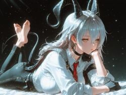 ai_generated barefoot bed black_choker black_horns clothed feet feet_up female foot_fetish jewerly large large_breasts laying_on_bed long_hair soles tail toes white_hair yellow_eyes zani_(wuthering_waves)