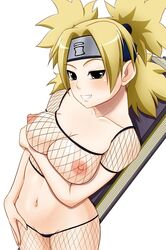 1girls blonde_hair blush breasts female female_only fishnet_legwear fishnet_shirt giant_fan green_eyes looking_at_viewer naruto naruto_shippuden posing pussy smile solo temari tomatto_(@ma!)