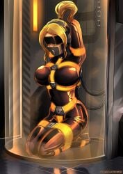 1girls blindfold blindfolded blonde_hair bondage bound female female_only femsub fully_clothed gag gagged high_heels in_container kneeling latex latex_clothing metroid plasma-dragon ponytail rubber rubber_clothing samus_aran shiny_clothes tight_clothing