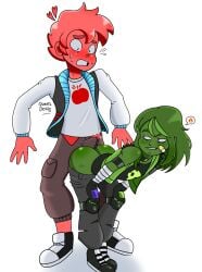 2boys ass azedo azedo_(adulto) bad_boy big_ass blue_eyes buttjob buttjob_over_clothes embarrassed erection gay green_hair green_skin horny morajo morazedo mundo_torajo punk quartz_devils red_hair red_skin size_difference tease yaoi