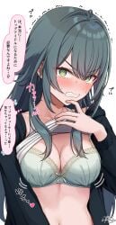 1girls absurdres angry blush bow bow_bra bra breasts cleavage clenched_teeth clothes_pull coat female gakuen_idolmaster green_eyes green_hair hair_flaps highres idolmaster large_breasts long_hair navel presenting_breasts ramchi solo speech_bubble tank_top teeth translation_request tsukimura_temari underwear very_long_hair
