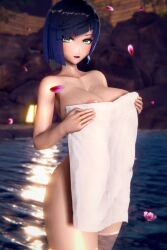 1girls 3d alternate_version_available areola_slip areolae blue_hair covering_self dark_blue_hair ear_piercing earrings evekaczmarek female female_only flower_petals genshin_impact green_eyes hair koikatsu lips lipstick looking_at_viewer mature mature_female naked naked_female nude nude_female petals pink_lips pink_lipstick sauna short_hair solo solo_female towel towel_only water wet wet_body yelan_(genshin_impact)
