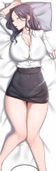 baengkki bare_legs bare_thighs bed bed_sheet belly_button_visible_through_clothing black_hair blush breasts cleavage closed_eyes collarbone female huge_breasts knees_together long_hair long_sleeves lying manhwa mature_female milf milf_exchange_plan necklace parted_lips partially_unbuttoned pornhwa shiny_skin skirt sleeping thick_thighs thighs uhm_jayeong webtoon
