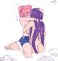 2girls ass bed doki_doki_literature_club embrace ernst_d female female_only hair_ribbon kissing legs long_hair looking_at_another multiple_girls natsuki_(doki_doki_literature_club) pink_eyes pink_hair purple_hair ribbon short_hair skirt string_panties topless white_legwear yuri yuri_(doki_doki_literature_club)