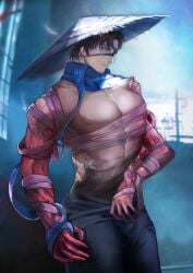 bandages bara bara_tits eyepatch gay gloom_(expression) god_damn gregor_(limbus_company) honestly_quite_incredible huge_pecs in_pain limbus_company male men_only muscular muscular_male mutated project_moon snake uyouu19 wrapped_arms yaoi