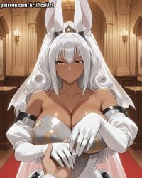 1girls ai_generated animal_ears artifical_art big_breasts breasts bride curly_hair dark-skinned_female dark_skin elbow_gloves fairy_tail fairy_tail:_dragon_cry female headwear long_hair perfect_body solo swan_(fairy_tail) tan_skin tiara white_hair yellow_eyes