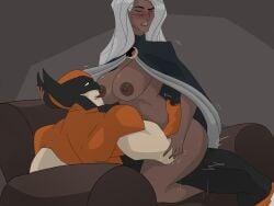 1boy 1boy1girl 1girl1boy ambiguous_penetration big_breasts blush breasts canon_couple colored commission couple couple_(romantic) dark_skin dark_skinned_female female logan_(x-men) male male/female marvel marvel_comics nipples nuckienuckie ororo_munroe sex storm_(x-men) white_hair wolverine_(x-men) woman_on_top x-men_evolution
